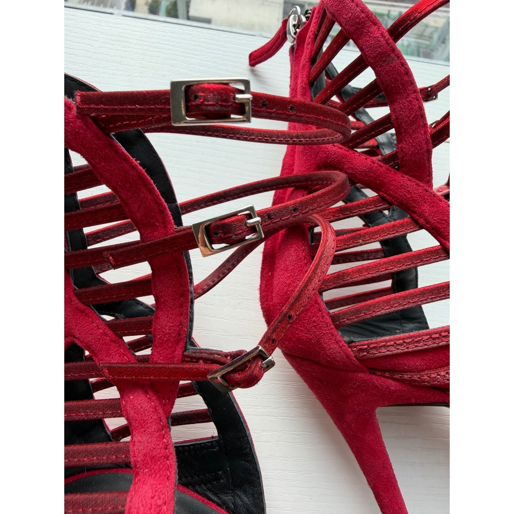 Giuseppe Zanotti Red Suede Metallic Satin Cage Stiletto Sandals Heels Size 38 - Picture 11 of 12